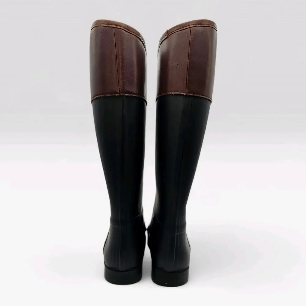Tory Burch Diana Rain Boot Black Rubber Brown Leather Riding Boots Logo Sz 6